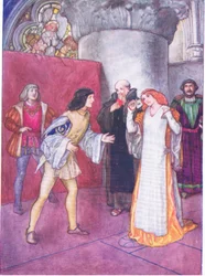 Naamionsa riisuttuaan tuntematon nainen ei osoittautunut sisarentytäreksi (kuten esitettiin) naisen sankarin itsensä toimesta (Much Ado About Nothing), Tales from Shakespeare -pubista. kirjoittanut Ward Lock & Co Ltd