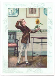 Kukkakatselija Victorian Greeting Card of an Aesthetic, joka ihailee auringonkukkaa ekstaasiassa, n. 1881 (väri litho)