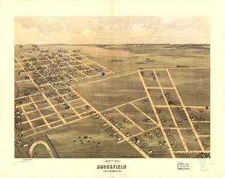 Brookfield, Linn Co., Missouri 1869 lintuperspektiivistä. LOC 73693470