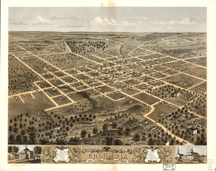 Kolumbian kaupunki lintuperspektiivistä, Boone Co., Missouri 1869. LOC 73693473