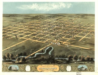 Marshalltownin kaupunki lintuperspektiivistä, Marshall Co., Iowa 1868. LOC 73693402