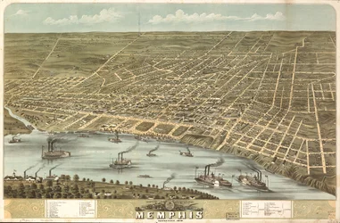 Memphisin kaupunki lintuperspektiivistä, Tennessee 1870. LOC 73694530