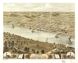 Washingtonin kaupunki lintuperspektiivistä, Franklinin piirikunta, Missouri 1869. LOC 73693493