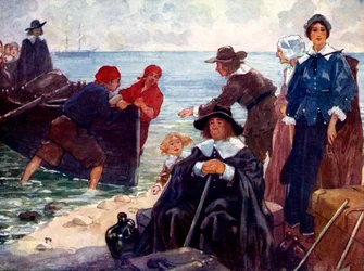 Maanpakolaisten joukko kiinnitti parkkilaivansa Uuden-Englannin villille rannikolle, 1620, 1905.