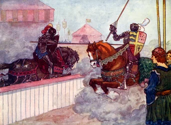 Kreivi ratsasti uudestaan ja uudestaan Edwardin kimppuun, kunnes hänen keihänsä repesi hänen käteensä, c1270, 1905.