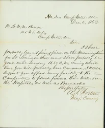 Kirje allekirjoitettu A.S. Norton, komentaja, päällikkö, Camp Yates, Ill., 1. luutnantti W.M. Breese, 16. Yhdysvaltain jalkaväki, Camp Gates, Ill., 6. joulukuuta 1863
