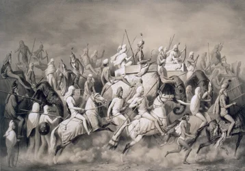 Chir Singh, sikhien maharadža ja Punjabin kuningas seuran kanssa metsästämässä Lahoren lähellä, 1859