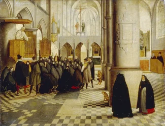 Jumalanpalvelus. Maalaus Abel Grimmer (1570-1619), öljy puulle