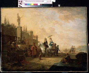 ""Matkailijat hevosen selässä"" (Ratsastajat) Perhe tieretkellä Lähi-idän maisemassa. Abraham Begeynin (1637-1697) maalaus 1600-luvun Mihail Kroshitskyn taidemuseo, Sevastopol (Sevastopol) Ukraina