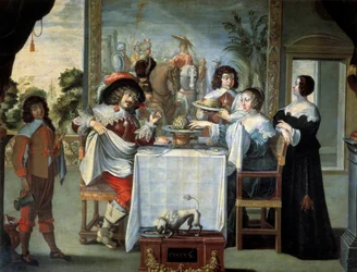 Viisi aistia, anonyymin taidemaalarin maku, kopio Abraham Bossen (1602-1676) kaiverruksesta, öljy kankaalle - "Viisi aistia: maku" Kohtaus meloneista ja artisokoista koostuvan hienostuneen aterian maistelussa kauniissa jalokodissa. Abraham Bossen maalaus (