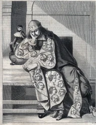Pahuutta täynnä oleva mies: mies, jolla on kaksinkertainen naisten pää, meditoi apina kyljellään. Jäljennös Abraham Bossen (1604-1676) vedosta.