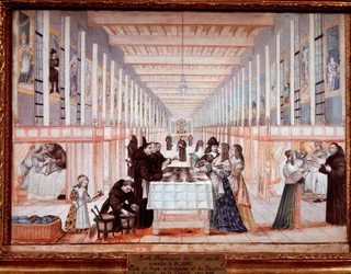 Itävallan Annen vierailu Charityn sisarten sairaalassa. Delfiinin kanssa (myöhemmin Louis IV) (guassi, n. 1640)