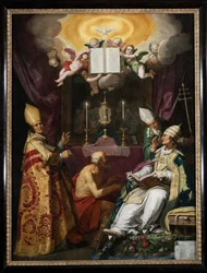 ""kirkon neljä isää"" Pyhän Ambroseuksen Milanolaisen, Pyhän Augustinuksen Hippolaisen, Pyhän Gregoriuksen ja Pyhän Hieromuksen esitys - Abraham Bloemaertin (1566-1651) maalaus