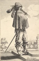 Mies, jolla on lyhyt takki, kypärä ja kannulliset saappaat, seisoo portailla..., 1629.