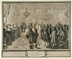 Władysław IV:n ja Marie Louise Gonzagan avioehtosopimuksen solmimisesta Fontainebleaussa.