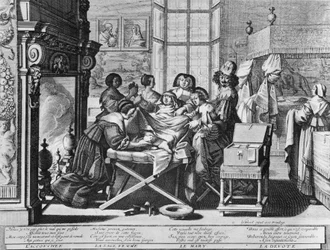 Kaiverrussarja (water forte) otsikolla "" Avioliitto kaupungin kanssa""" vuodelta 1633, kirjoittanut Abraham Bosse - "" Synnytys"": työsängyllä.