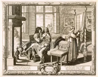 Aviomies vaimon kanssa polvillaan takan ääressä, Bosse, Abraham (1602-76)