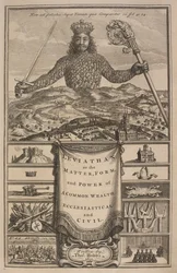Thomas Hobbesin "Leviathan eli yhteisen rikkauden aine, muoto ja voima kirkollinen ja kansalaisuus" nimisivu