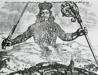 Thomas Hobbesin "Leviathan eli yhteisen rikkauden aine, muoto ja voima kirkollinen ja kansalaisuus" nimisivu