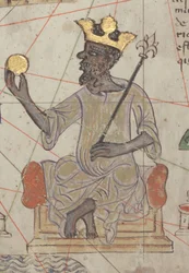 Yksityiskohta Katalonian kartastosta, lehti 6, valtaistuimella istuva Mansa Musa, 1375
