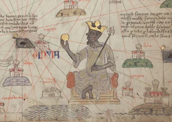 Yksityiskohta Katalonian maailmankartastosta, lehti 6, valtaistuimella istuva Mansa Musa, 1375
