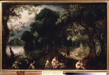""Diane et Acteon"" (Diana ja Actaeon) Metsästäjä Acteon yllätti Dianen kylvyssä. Abraham Govaertsin (1589-1626) maalaus noin 1620 Pushkin-museo Moskova