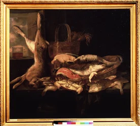 "Asetelma kalojen ja kuolleen jänisen kanssa" Abraham Hendricksz van Beyerenin (1620/21-1690) maalaus (ec. holl.) 1600-luvun Pushkin-museo, Moskova