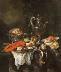 Asetelma hummeri, hedelmä, hopea ja kiinalainen tavara, n. 1660 (öljy kankaalle)
