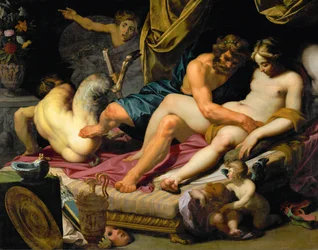 Hercules ajaa Panin pois Omphalen vuoteesta (öljy kankaalle)