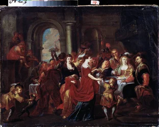""Herodeksen juhlat"" (Herodes-ateria) Herodeksen (Herode Antipas) juhla, jonka aikana Herodiaden (Salome) tytär vaatii Johannes Kastajan (Jean Baptiste) päätä vadilla tarjotakseen sen äidilleen. Pyhän pää asetetaan pöydälle. Maali