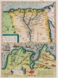 Uudempi kuvaus Egyptistä. - Carthage Bay -tyyppi Egyptin maantieteellinen kartta Niilin ja Kartagon (Tunisia) kaupungeista Abraham Orteliuksen (Oertel, Ortell tai Ortel) "Theatrum Orbis Terrarumista"