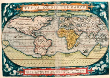 Maapallon kartta (maailmankartta). Maantieteellinen kartta Abraham Orteliuksen (1527-1598) teoksesta "Theatrum Orbis Terrarum"