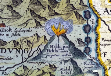 Hekla-tulivuori Islannissa. Abraham Orteliuksen atlas, Amsterdam 1588.