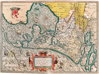 Uusi kuvaus Hollannin muinaisten kissojen istuimesta, Lacobos Daventria Maantieteellinen kartta Alankomaiden alueesta Amsterdamin ja Haarlemin kaupungeilla... otettu Abraham Orteliuksen "Theatrum Orbis Terrarumista" (Oertel, Ortell tai Orte