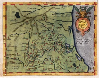 Meksikonlahden kartta (Guastecan), Hernando de Soton tutkimusmatkalta vuonna 1570 (kaiverrus)