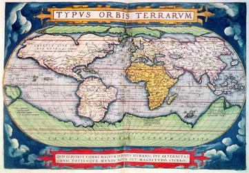 Maailman kartta: "Typus Orbis Terrarum", Orteliuksen "Americasive New World"sta