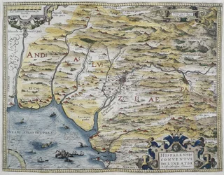 ORTELIUS, Abraham (1527-1598). Theatrum Orbis Terrarum. 1570. Sitä pidetään ensimmäisenä nykyaikaisena atlanttina. CHAVES, Jeronimo de (1523-1574). Matemaatikko, tähtitieteilijä ja merenkulkija. Länsi-Andalusian kartta. Perustuu Hieronimus Chiavesin kartta