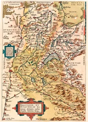 Sabaudia et Burgundiae Comitus kuvaus Burgundin ja Savoyn alueen kartta (Pontarlier, Dijon, Leman-järvi, Sveitsi) Abraham Orteliuksen (Oertel, Ortell tai Ortel) "Theatrum Orbis Terrarumista".