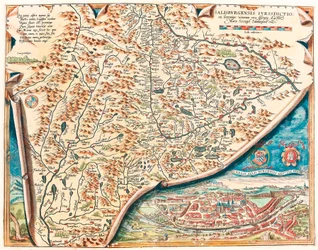 Aito kuvaus Salzburgin kaupungista Itävallan Salsburgin alueen maantieteellinen kartta Abraham Orteliuksen (Oertel, Ortell tai Ortel) "Theatrum Orbis Terrarumista"