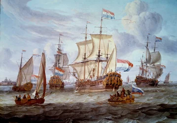 Fregate Pietari ja Paavali Amsterdamin satamassa Abraham Storckin (1635-1710) maalaus 1600-luvun Amsterdamista. Merihistoriallinen museo