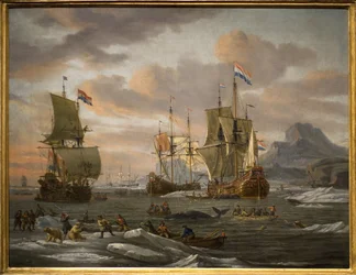 Valaiden ja jääkarhujen kalastus Spitzbergin saarella (Jäämeri) Alankomaiden laivaston aluksilla. Abraham Storckin (tai Sturckenbuchin) maalaus