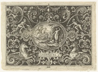 Cartouche: Perseus vapauttaa Andromedan Soikeat cartussit, joissa kohtauksia Perseuksen elämästä groteskien kehyksessä (sarjan nimi) Andromeda (otsikko esineessä)