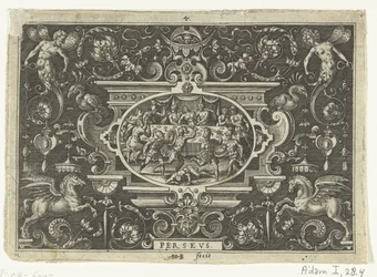 Cartouche: Phineus häiritsee Perseuksen ja Andromedan häät PERSEUS (otsikko esineessä) Soikeat cartussit, joissa kohtauksia Perseuksen elämästä groteskien kehyksessä (sarjan nimi)