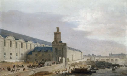 Ranska: La Grande Galerie du Louvre avec la porte Neuve et la tour de Bois Näkymä Pariisiin, jossa on Louvren suuri galleria, Tour de Bois ja Pont Neufin ranta.