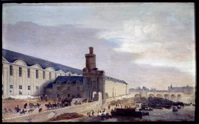 Näkymä Porte Neuvelle ja Galerie du Louvrelle noin 1640 Entrée du Louvresta Seinen rannalla. Abraham de Verwerin (1600-1650) maalaus 1640 Dim. 0,37 x 0,59 m Pariisi, Musee Carnavalet
