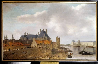 Näkymä Hotel de Neversistä, Neslesin tornista ja Grande Galerie du chateau du Louvresta nähtynä Pont Neufin Abraham de Verwerin (1600-1650) maalauksesta 1637 Sun. 0,37 x 0,59 m Pariisi, Musee Carnavalet