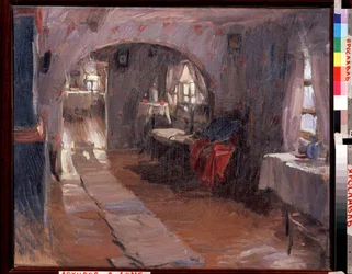 Maalaistalossa. Abram Jefimovitš Arkhipovin (1862-1930) maalaus. Öljy kankaalle, 71,5 x 88 cm