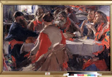 Teehetki (Teen juominen). Abram Jefimovitš Arhipovin (1862-1930) maalaus. Öljy kankaalle, 79 x 31 cm. Venäläistä taidetta 1800-luvun loppu - 1900-luvun alku. Osavaltion B. Kustodievin taidegalleria, Astrakhan (Venäjä).