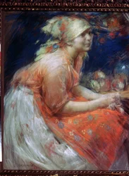 Nuori talonpoikatyttö (talonpoikatyttö). Abram Jefimovitš Arhipovin (1862-1930) maalaus. Pastelli kankaalle, 88 x 71 cm