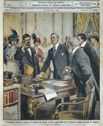 Yhdysvaltain presidentti Woodrow Wilson käynnistää lennättimellä räjäytyksen, joka hajotti Panaman kanavan viimeisen esteen 6000 kilometrin päässä, La Domenica del Corriere -lehdestä